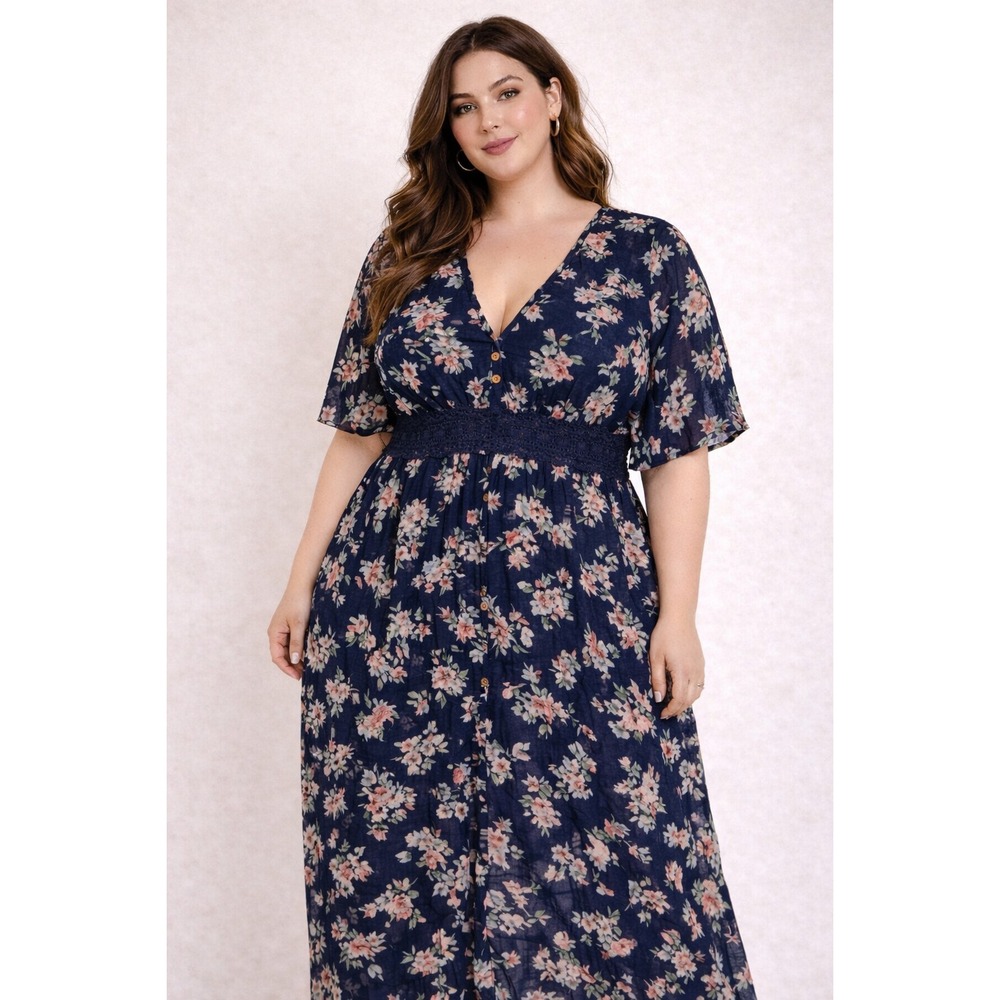 DIZZIRE Open Front Sheer Maxi Kimono Floral Crochet Lace Navy Pink Fairy Festive